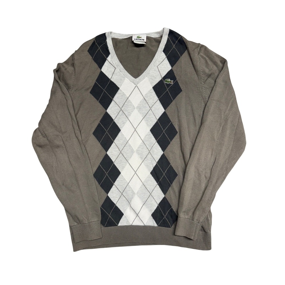 Lacoste Mens Argyle V-Neck Sweater Brown Navy White 100% Cotton Size 3